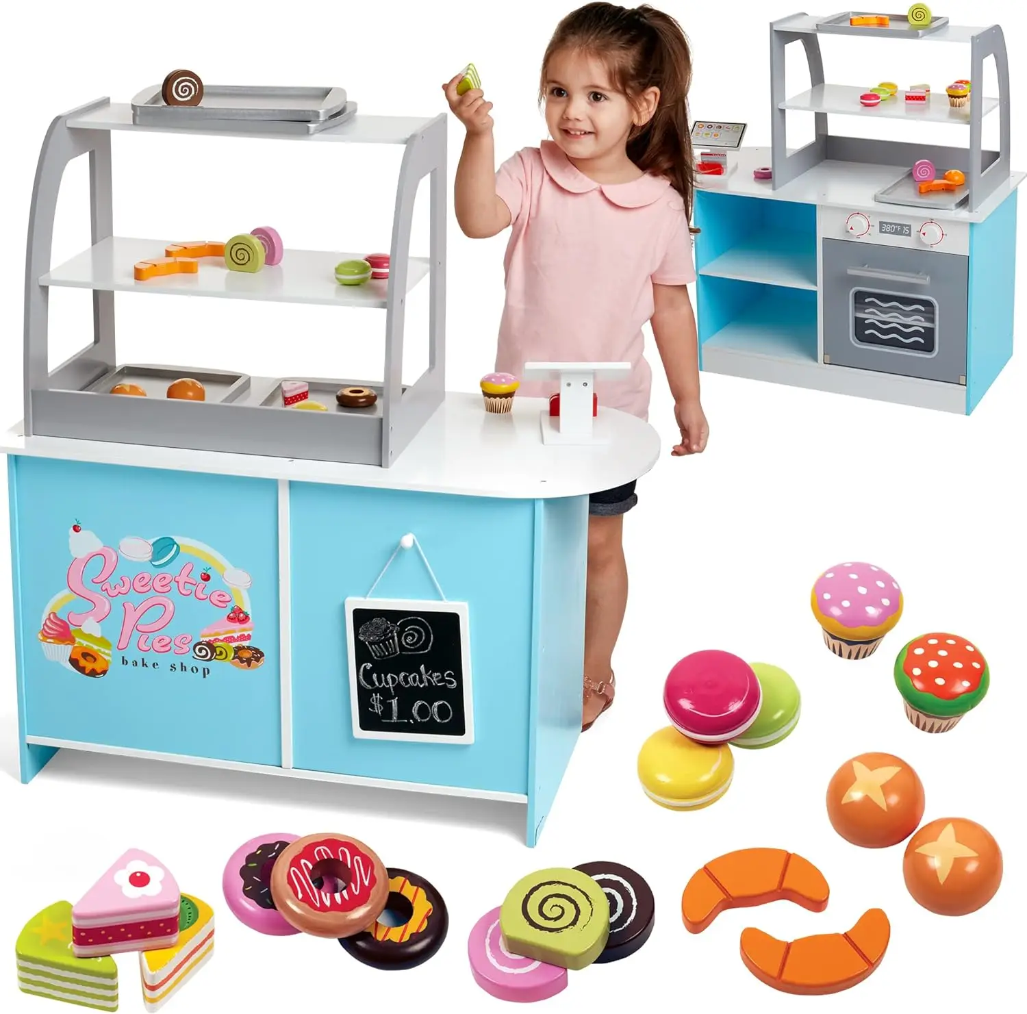 Wooden Bakery Playset Pretend Stand for Kids - 25 Piece Bake Shop Counter w Food, Chalkboard, Cash Register, Trays - Durable Con
Wooden Bakery Playset Pretend Stand for Kids - 25 Piece Bake Shop Counter w Food, Chalkboard, Cash Register, Trays - Durable Con