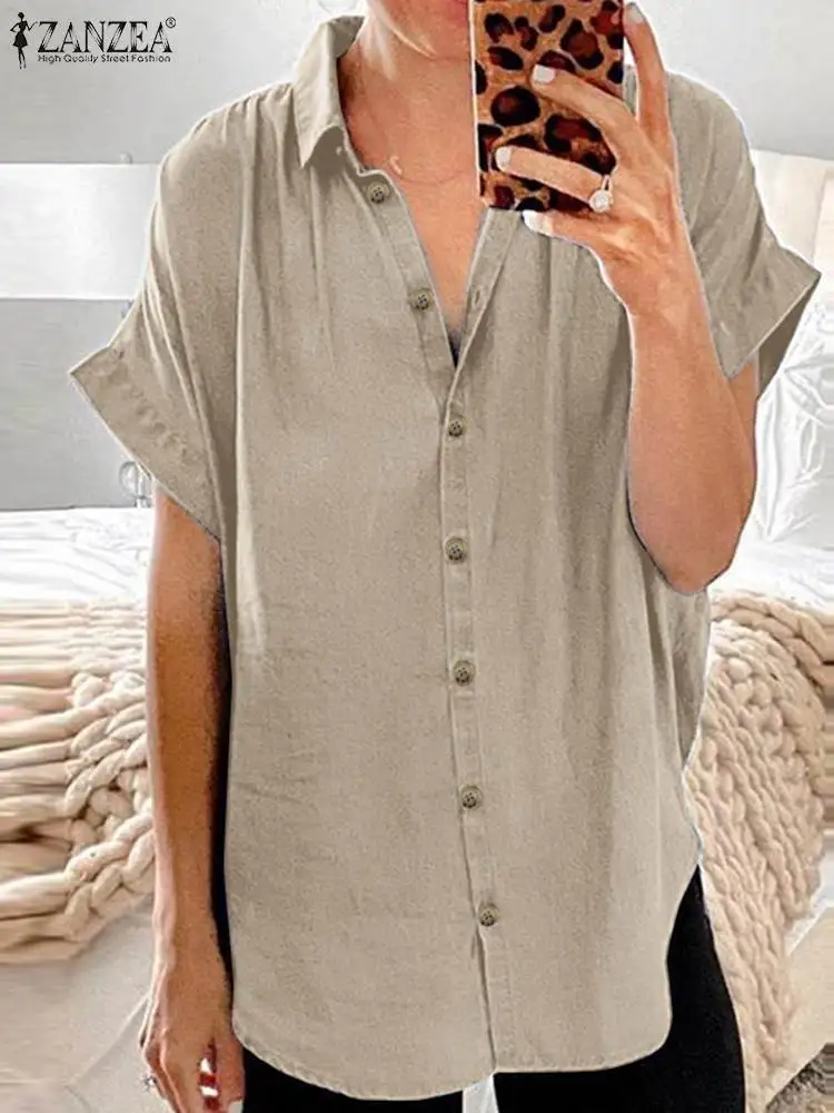 

Женская джинсовая рубашка с лацканами, модная офисная блузка с одной грудью и коротким рукавом, праздничные топы ZANZEA 2023, Повседневная однотонная укороченная туника