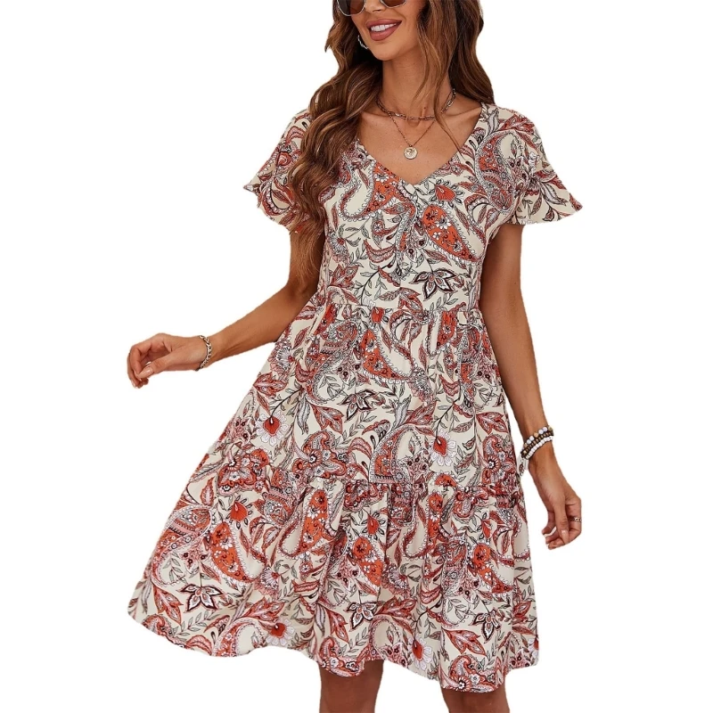 

Women Summer Casual Dress V-Neck Mini Floral Dress Short Sleevele Ruffle Dress Summer Dress ALine Sundresses For Women 57BD