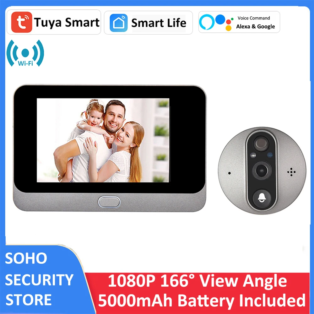 

Tuya 4.3' LCD 1080P WiFi Door Peephole 5000mAh PIR FHD Infrared Alexa Google Video View Smart Doorbell Eye Camera Viewer 166°