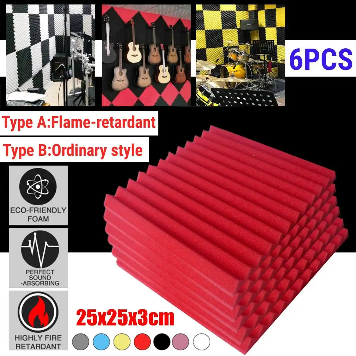 25x25x3cm 6pcs Acoustic Foam Panels Studio Wedge Tiles Soundproof Wall Pad Sound Insulation Absorbing Treatment
25x25x3cm 6pcs Acoustic Foam Panels Studio Wedge Tiles Soundproof Wall Pad Sound Insulation Absorbing Treatment