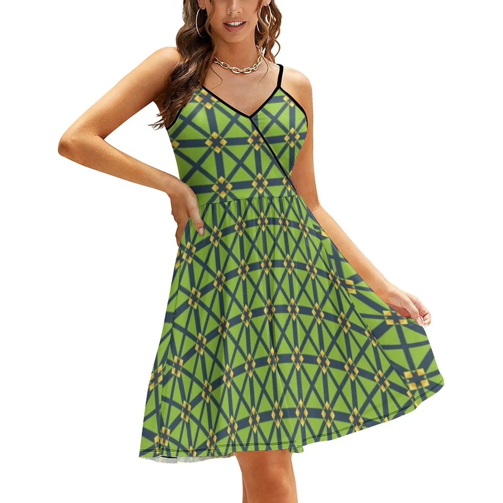 

Зеленое платье с геометрическим принтом, уличная одежда в клетку, повседневные летние платья с графическим принтом, Современные платья на бретелях-спагетти, большие размеры
