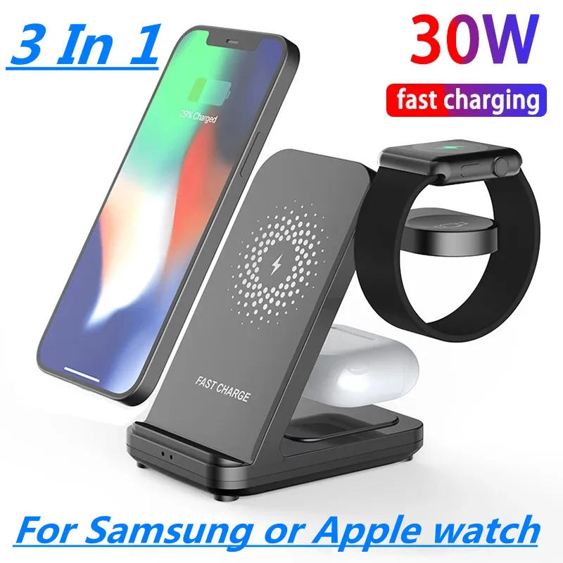 Беспроводное зарядное устройство 30 Вт подставка для Apple Samsung Galaxy Watch 3 в 1
