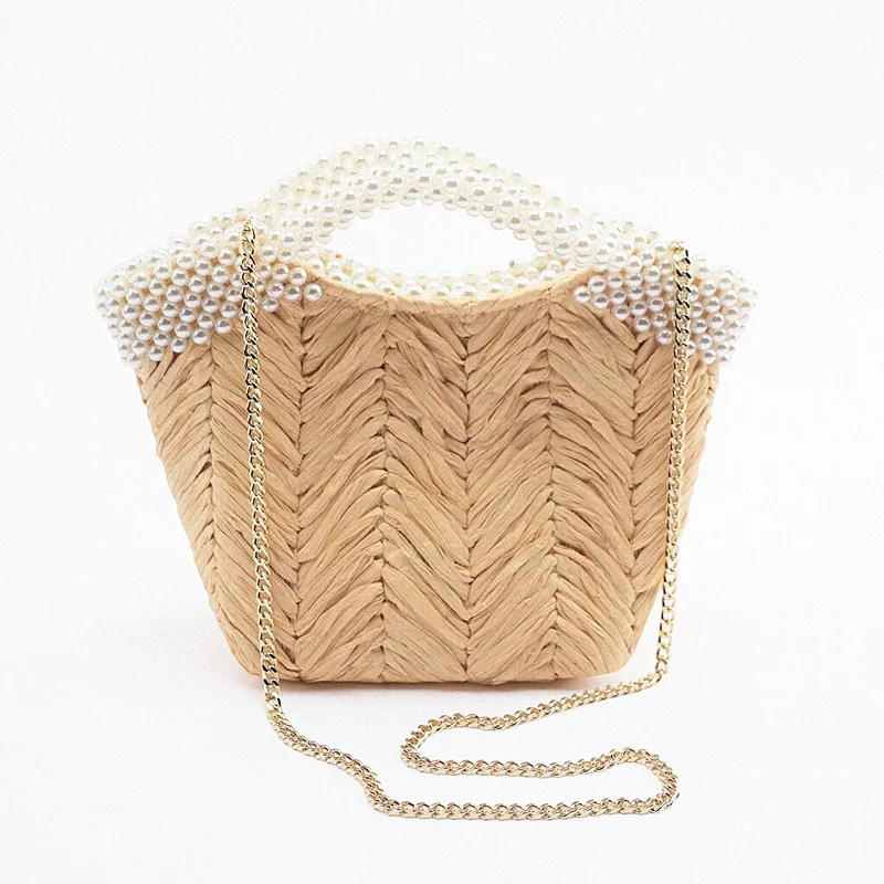 

fashion pearls handle rattan women handbags luxury chains wicker woven shoulder crossbody bags lady summer beach bali straw bag