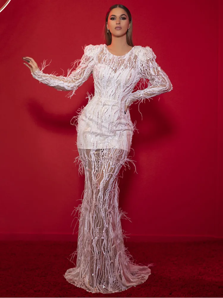 2023 Women Summer Floor-Length Long Sleeve O Neck Mermaid Feather Pearl Mesh Sequins Bodycon Elegant Evening Party Club Dress
2023 Women Summer Floor-Length Long Sleeve O Neck Mermaid Feather Pearl Mesh Sequins Bodycon Elegant Evening Party Club Dress