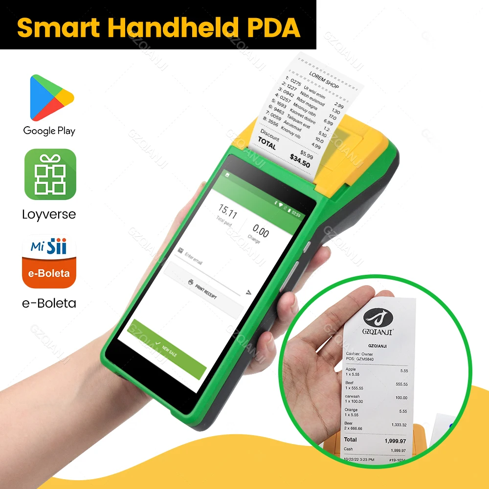Android 8.1 Handheld POS PDA Terminal With 58mm Bluetooth Thermal Receipt Printer 3G WiFi Mobile For Sii App e-boleta Loyverse
Android 8.1 Handheld POS PDA Terminal With 58mm Bluetooth Thermal Receipt Printer 3G WiFi Mobile For Sii App e-boleta Loyverse