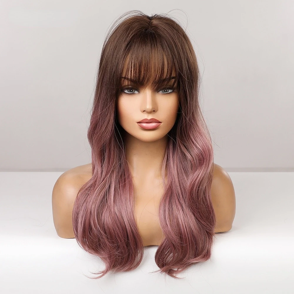 

Wigtoday Synthetic Long Wavy Wigs Ombre Brown Pink Purple Wig for Women High Temperature Cosplay Natural Hair Wig with Bang