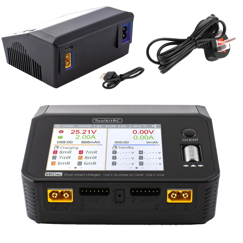 Зарядное устройство ToolkitRC M6DAC 350W x 2 USB-C 65W Постоянный/переменный ток, двойное Smart 15A для 1-6S Lipo LiHV Lion NiMh Pb Cell
Зарядное устройство ToolkitRC M6DAC 350W x 2 USB-C 65W Постоянный/переменный ток, двойное Smart 15A для 1-6S Lipo LiHV Lion NiMh Pb Cell