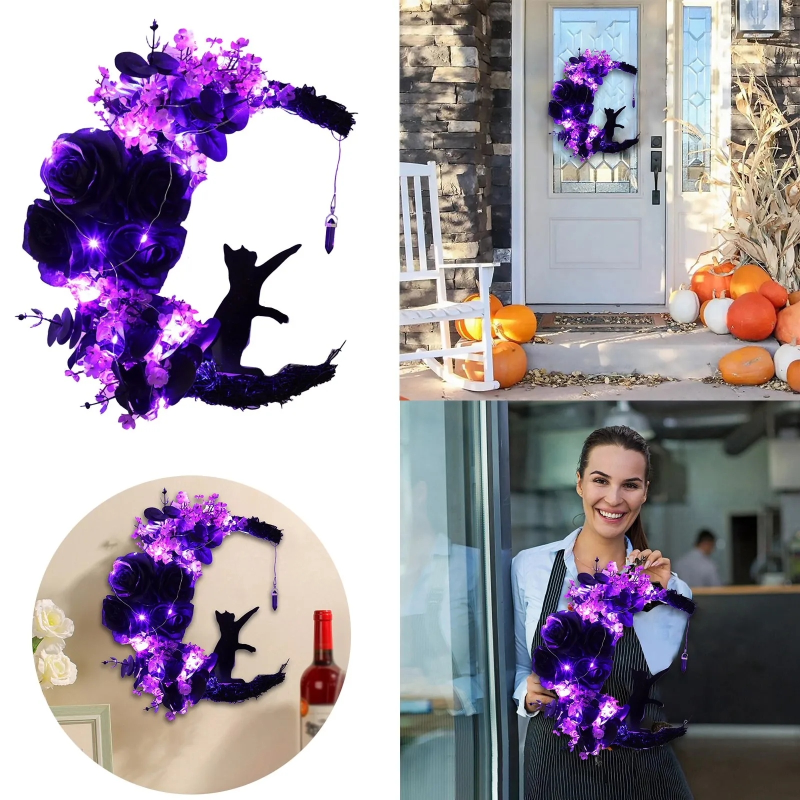 

Moon Cat Wreath With Flowers Charming Door Decoration Moon Cat Home Decor Halloween Party Decorations For Cat Lovers With Lights