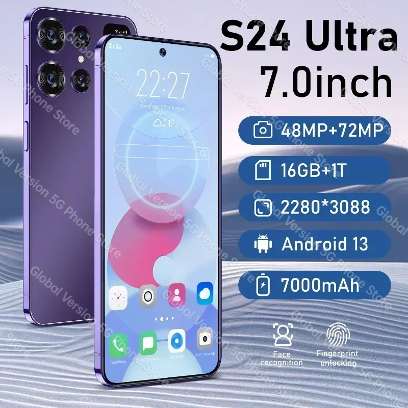 

Новый оригинальный смартфон S24 Ultra с HD экраном 7,0 дюйма, 16 ГБ + 1 ТБ, телефон с двумя Sim-картами, Android 13, разблокировка распознаванием лица, 7000 мАч, 72 МП