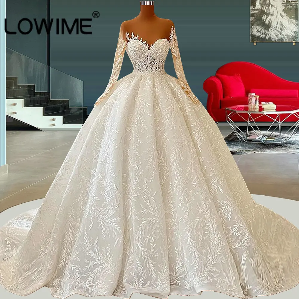 

2023 Puffy Ball Gown Long Sleeves Lace Wedding Dresses Illusion O Neck Dubai Arabic Bridal Gowns Custom Made Vestido De Novia