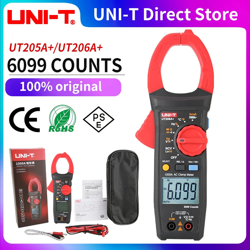 UNI-T Digital Clamp Meter UT205A+ UT206A+ 1000V AC DC Voltage 1000A Current Auto Range Temp Resistance Multimeter Ammeter Tester
UNI-T Digital Clamp Meter UT205A+ UT206A+ 1000V AC DC Voltage 1000A Current Auto Range Temp Resistance Multimeter Ammeter Tester