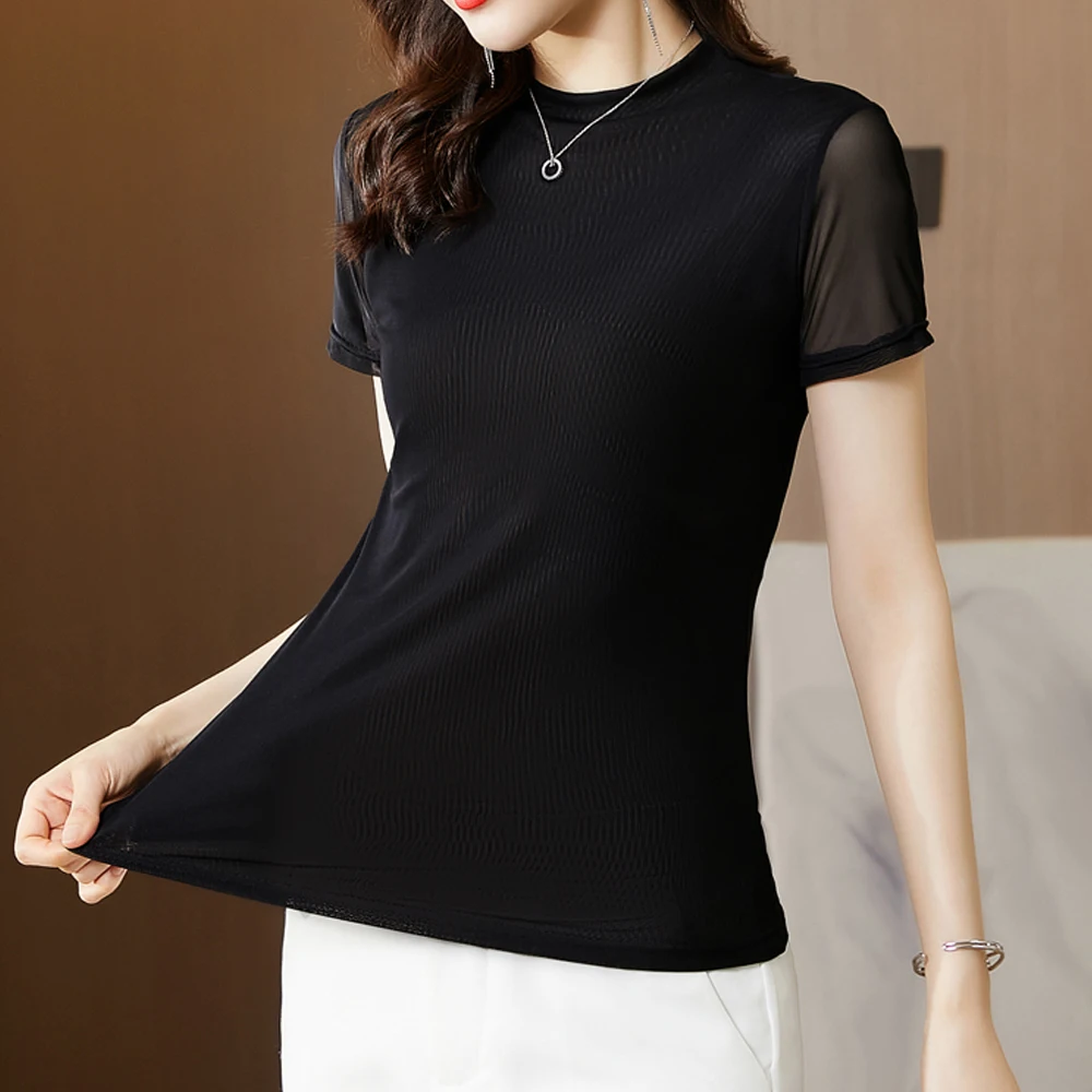2022 Summer Women T-Shirt Stretch Black Mesh Slim Basic Tops Shirts Fashion Short Sleeve Comfortable Casual Ladies Blouses
2022 Summer Women T-Shirt Stretch Black Mesh Slim Basic Tops Shirts Fashion Short Sleeve Comfortable Casual Ladies Blouses