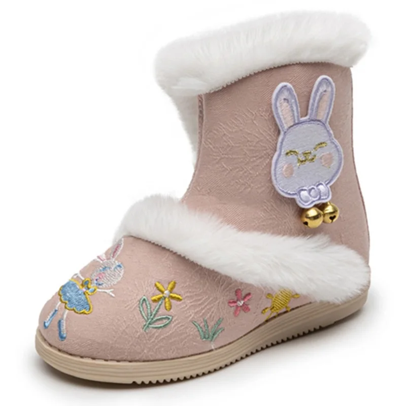 

Kruleepo Children Girls Fashion Boots Shoes Baby Kids Chinese Style Floral Print Stitchwork Embroider Plush Winter Warm Booties