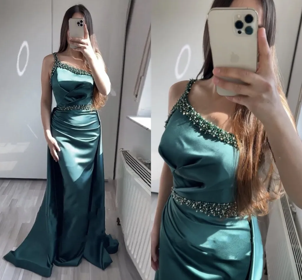 Hot Hunter Green Evening Party Dresses Satin Beaded Pearls Long One Shoulder Pleats Prom Formal Gowns Robe De Soriee
Hot Hunter Green Evening Party Dresses Satin Beaded Pearls Long One Shoulder Pleats Prom Formal Gowns Robe De Soriee