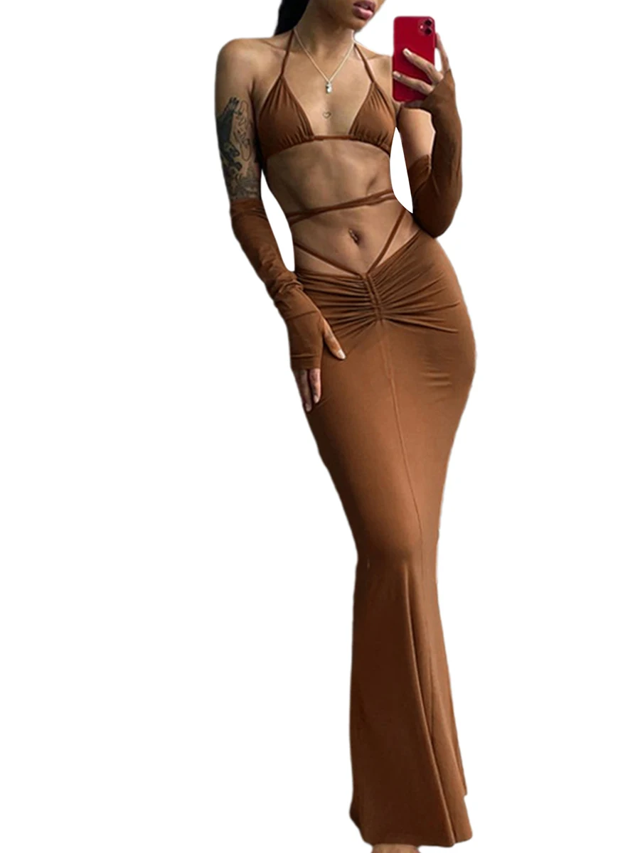 Women Sexy Long Skirt Set Tie-up Low Cut Halter Bra Tube Tops Ruched Long Skirt Sleeves Sexy Skirt Set
Women Sexy Long Skirt Set Tie-up Low Cut Halter Bra Tube Tops Ruched Long Skirt Sleeves Sexy Skirt Set
