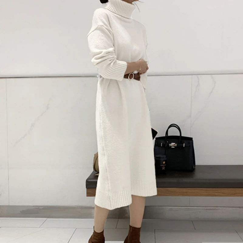 Loose Cashmere Knitted Dress Women Winter Turtleneck Long Sleeve Midi Dresses Female Elegant Solid Warm Sweater Dress
Loose Cashmere Knitted Dress Women Winter Turtleneck Long Sleeve Midi Dresses Female Elegant Solid Warm Sweater Dress