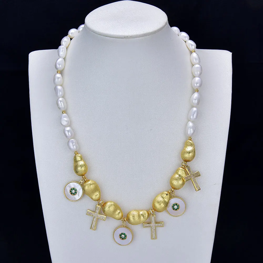 G-G Cultured White Keshi Pearl Gold Plated Brushed Beads Necklace Shell Flower Cross CZ Pendant Handmade For Lady 
G-G Cultured White Keshi Pearl Gold Plated Brushed Beads Necklace Shell Flower Cross CZ Pendant Handmade For Lady