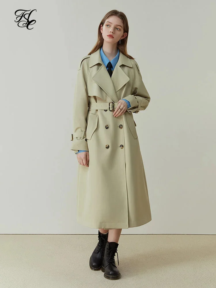 

FSLE Classic Fashion Double-breasted Mid-length Trench Coat Female Spring New British Style Solid All-match Windbreak for Women