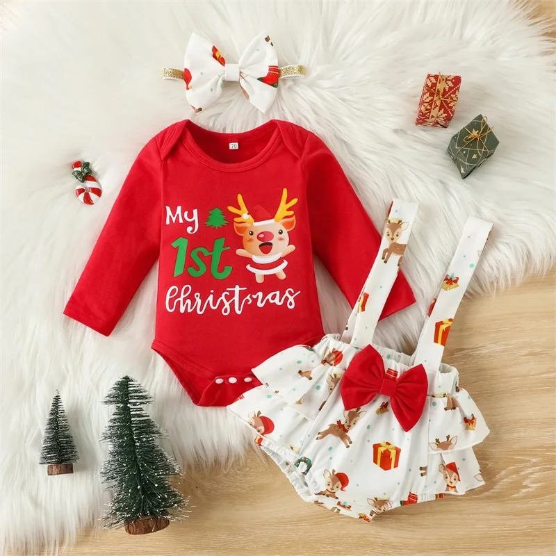 

Новорожденный Малыш Девочка мой первый Рождественский наряд Одежда Комбинезон Боди + юбка на бретелях + комплект с повязкой на голову