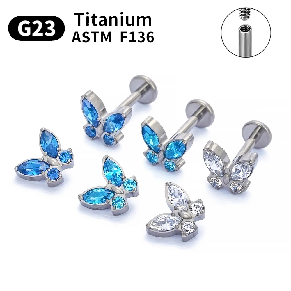 

Титановые серьги-гвоздики G23 в форме бабочки 16G ASTM F136, пирсинг для ногтей, ногтей, ногтей из циркония, ювелирные изделия для тела, серьги