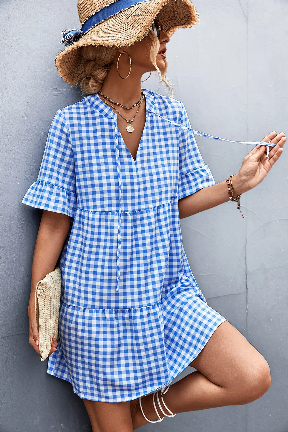 Summer Short Sleeve Mini Dress Women Casual Loose Ruffle Stitching Beach Dress Woman Holiday V Neck Plaid Dresses Clothes 2022
Summer Short Sleeve Mini Dress Women Casual Loose Ruffle Stitching Beach Dress Woman Holiday V Neck Plaid Dresses Clothes 2022