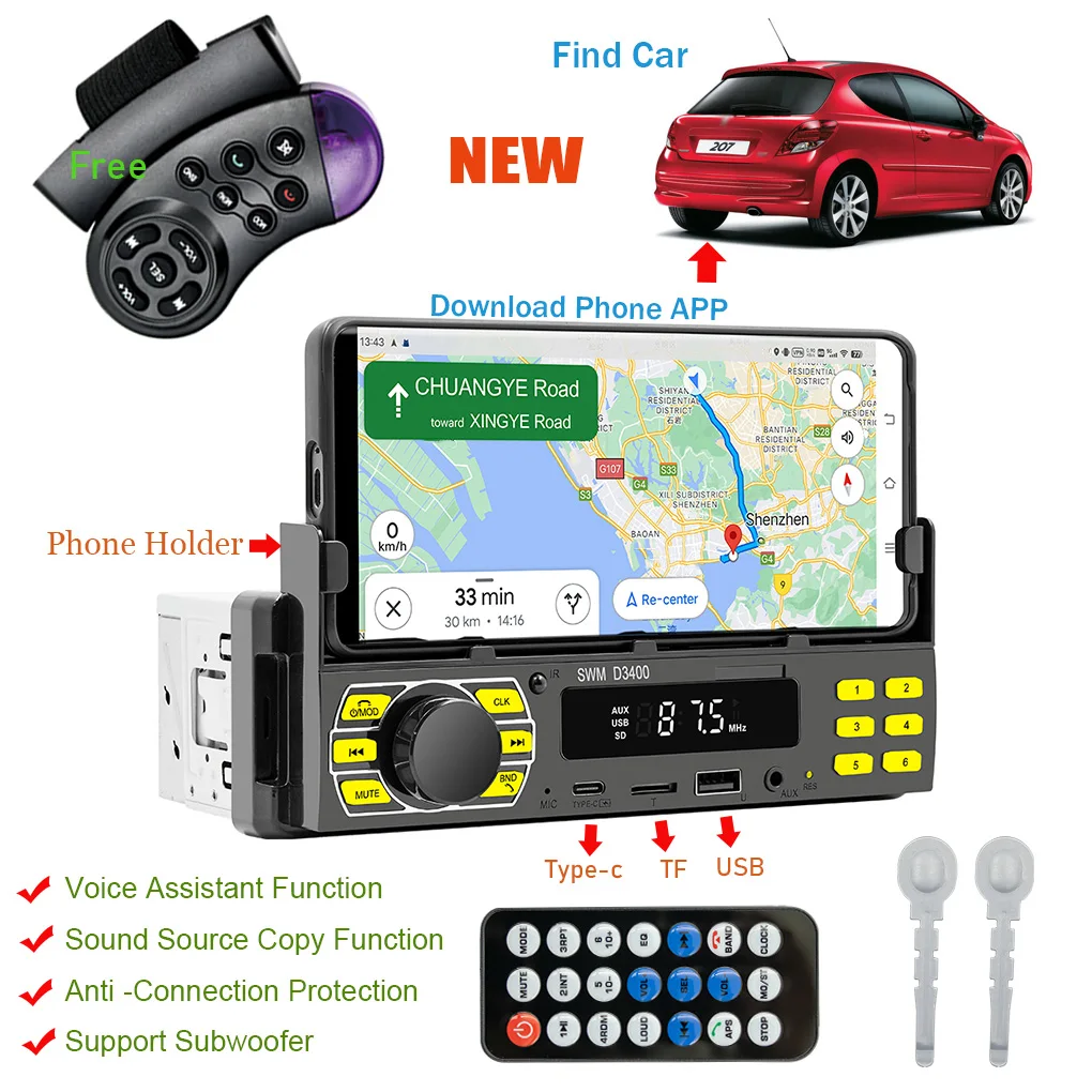 

Car Radio Bluetooth-compatible 1 Din MP3 Player Handsfree A2DP Type C TF Aux APP Remote Audio Systems Stereo Tuner