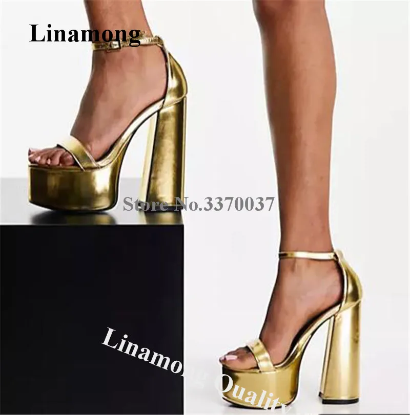 Gold Chunky Heel Sandals Linamong Newest Open Toe Patent Leather Black Brown High Platform Block Heel Dress Shoes Club Heels 
Gold Chunky Heel Sandals Linamong Newest Open Toe Patent Leather Black Brown High Platform Block Heel Dress Shoes Club Heels