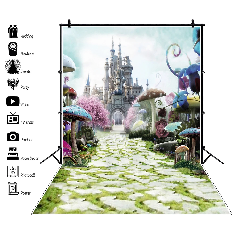 

Alice in Wonderland Backdrop Happy Birthday Party Fairy Tale Castle 1st Baby Photography Background Photo Banner Decoration