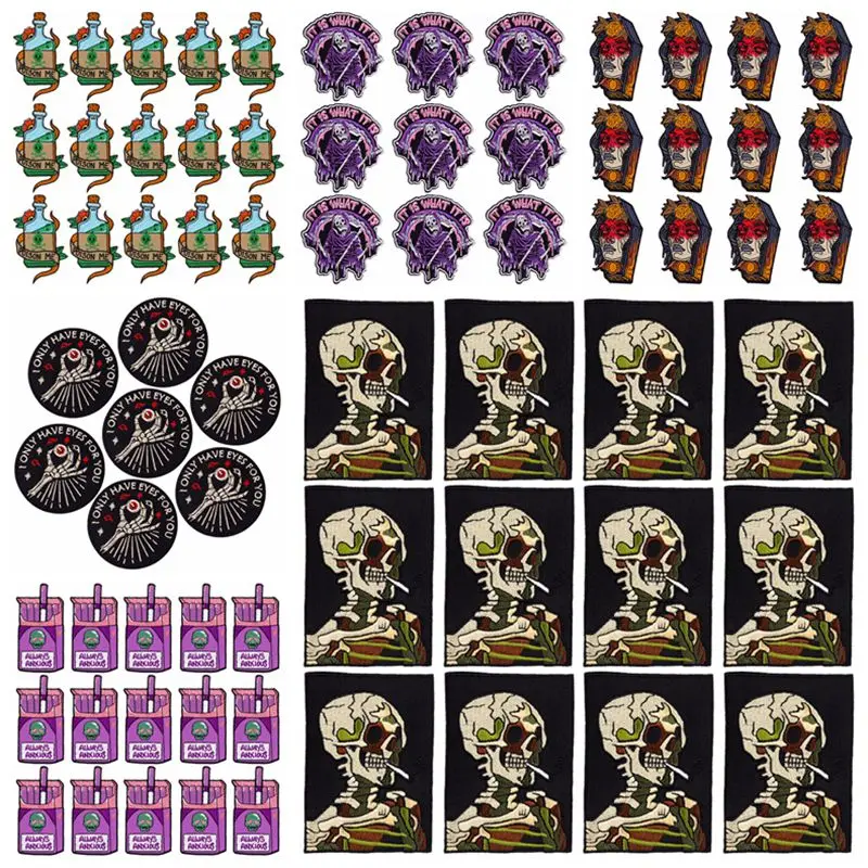 

Prajna 10PCS Skeleton Patch Punk/Skull Embroidery Patch Iron On Patches For Clothing Thermoadhesive Patch On Clothes Jacket DIY