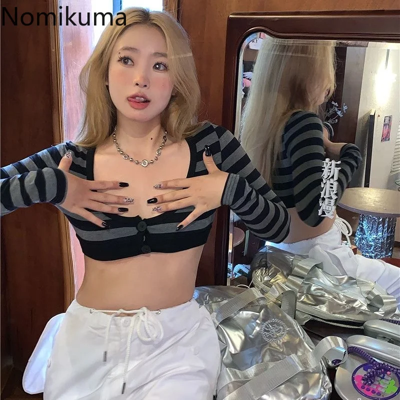 

Nomikuma Crop Top Spring Autumn Contrast Color Striped High Waist Camisetas Vintage Sexy Fashion Punk Style Long Sleeve Tees