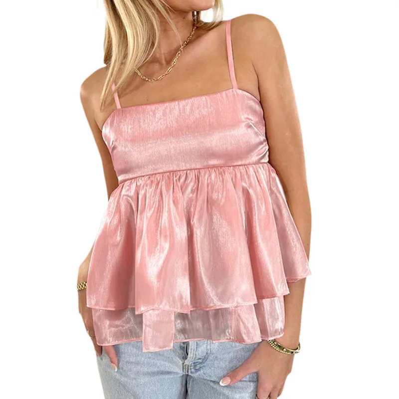 Women Slim Sling Vest Crop Tops Summer Clothes Solid Color Sleeveless Layered Ruffle Camisole Sexy Club y2k Streetwear 
Women Slim Sling Vest Crop Tops Summer Clothes Solid Color Sleeveless Layered Ruffle Camisole Sexy Club y2k Streetwear