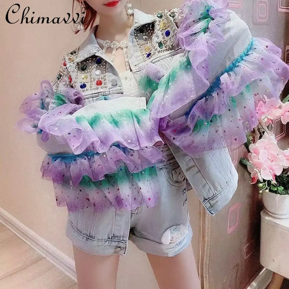 Women's Lapel Long Sleeve Loose Mesh Patchwork Top 2022 Spring New Beaded Sequins Versatile Denim Jacket for Female
Women's Lapel Long Sleeve Loose Mesh Patchwork Top 2022 Spring New Beaded Sequins Versatile Denim Jacket for Female