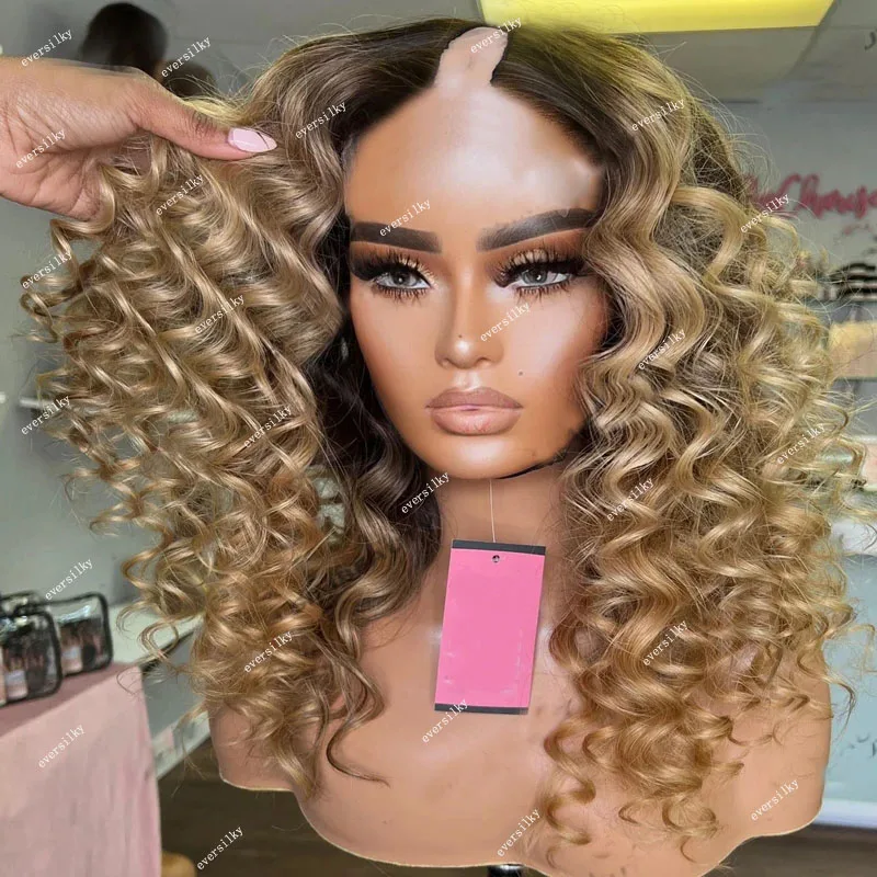 

Ombre Honey Blonde Deep Kinky Wave U Part Wigs 100% Human Hair Loose Curly Glueless V Part Wig 250Density Full Machine Made End