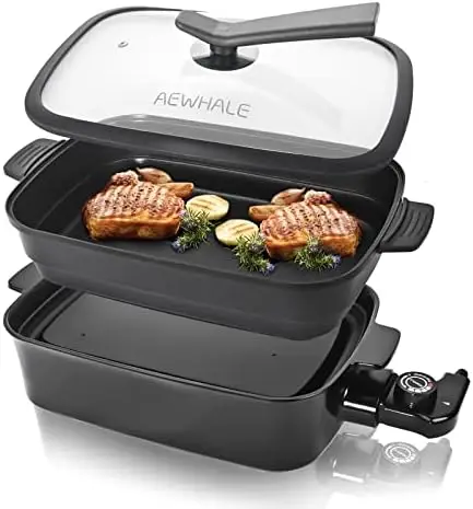 

Multifunctional Grill,Indoor Smokeless Griddle Skillet with Removable Non-Stick Plate+Pot+Lid,1400W Adjustable Temperature Pa