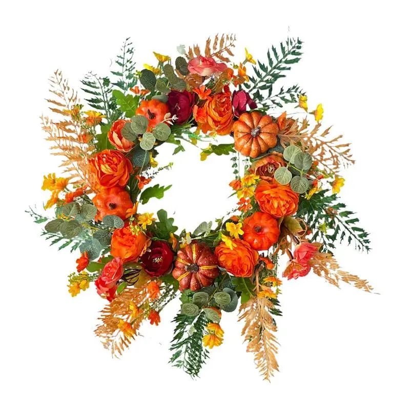

50 см осенний венок, Рождественское украшение, искусственные кленовые листья, тыква, белые фрукты, гирлянда из корней дерева, украшение для Хэллоуина