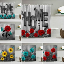 Colorful Flower Shower Curtain Wooden Panel Background Water Beads Rose Daisy Sunflower Butterfly Yellow Red Bathroom Decoration