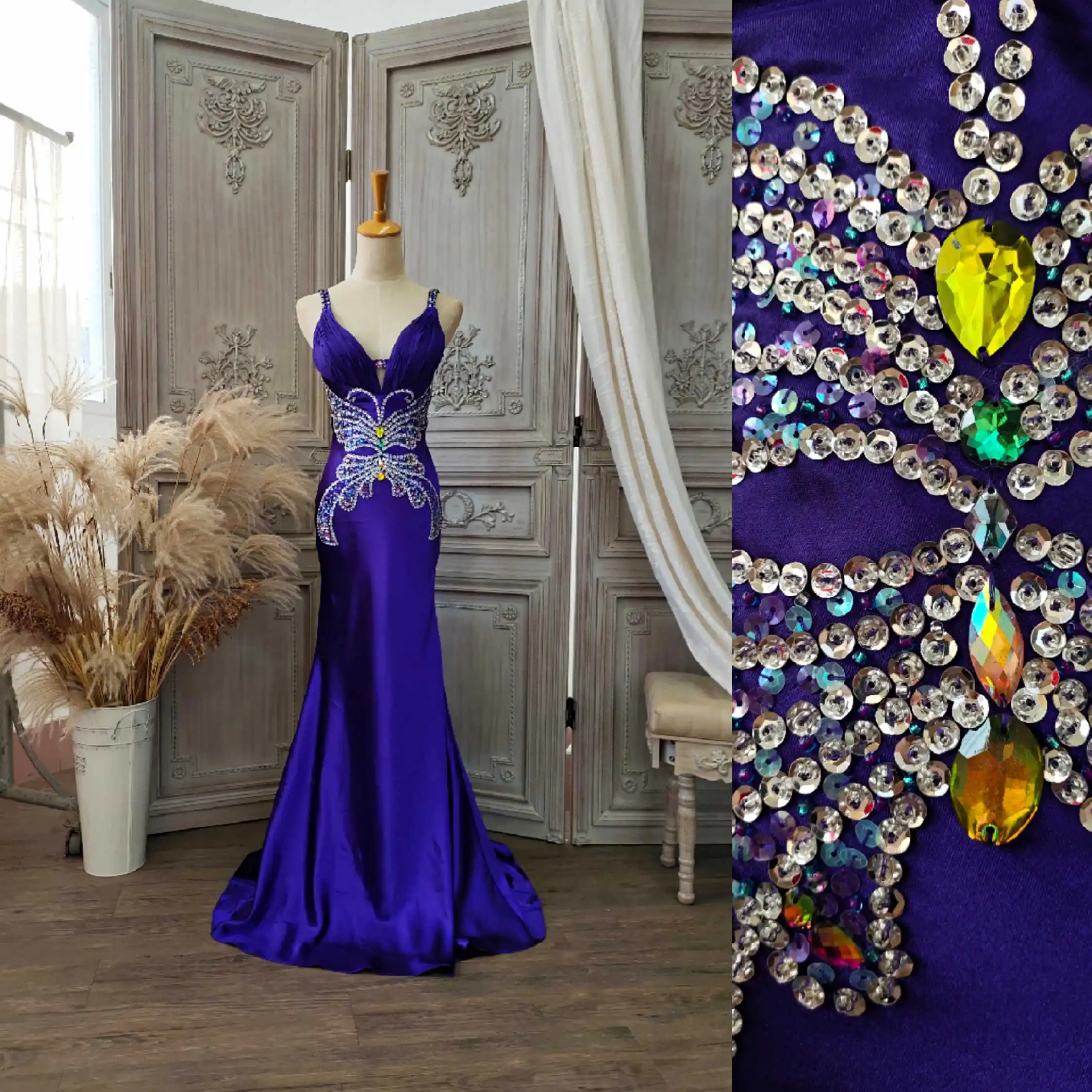 2021 Blue Evening Dress Mermaid Crystal Beads Straps Satin Backless Floor Length Formal Evening Gown for Women
2021 Blue Evening Dress Mermaid Crystal Beads Straps Satin Backless Floor Length Formal Evening Gown for Women