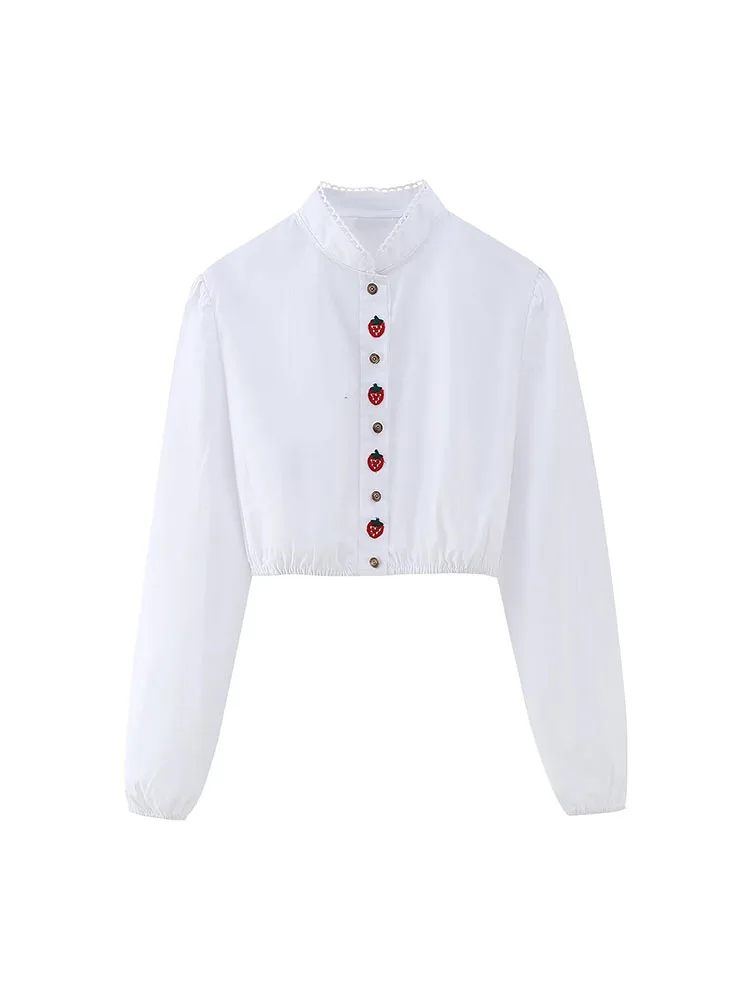 

Женская укороченная блузка PB & ZA, винтажная блузка с клубничным принтом, воротником-стойкой и длинным рукавом, женские рубашки на пуговицах, шикарные топы, новинка 2022