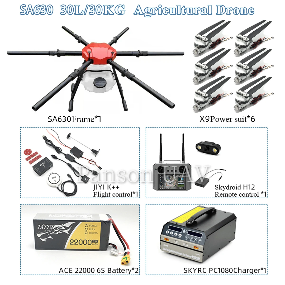 NEW SA630 30L 30kg agricultural spray drone frame with six axis with Hobbywing X9 power system kit H12 Remote control Battery
NEW SA630 30L 30kg agricultural spray drone frame with six axis with Hobbywing X9 power system kit H12 Remote control Battery
