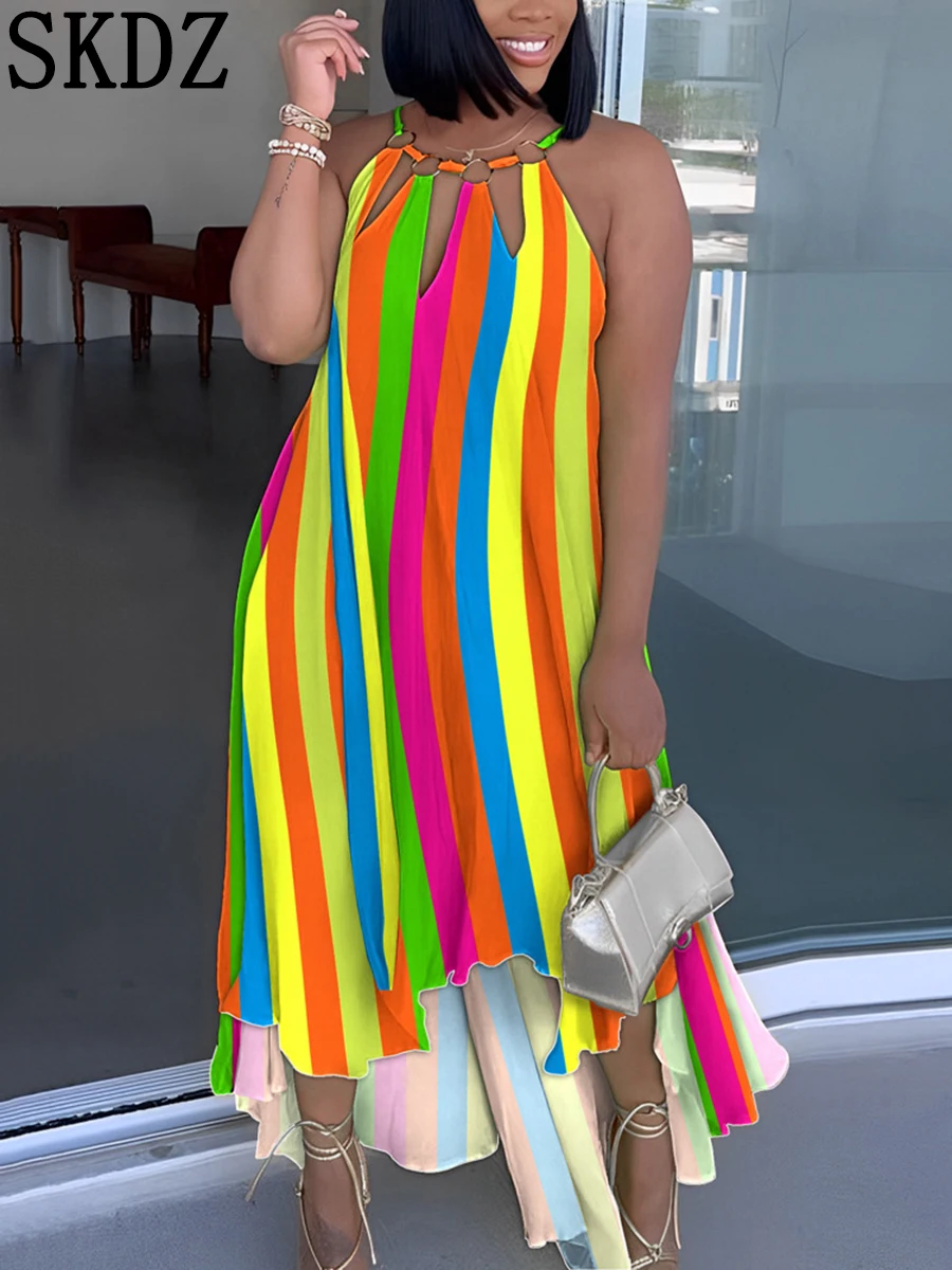 Plus Size Rainbow Stripe Print Cutout Asymmetrical Casual Dress Sexy Hanging Neck Loose Irregular Large Hem Skirt
Plus Size Rainbow Stripe Print Cutout Asymmetrical Casual Dress Sexy Hanging Neck Loose Irregular Large Hem Skirt