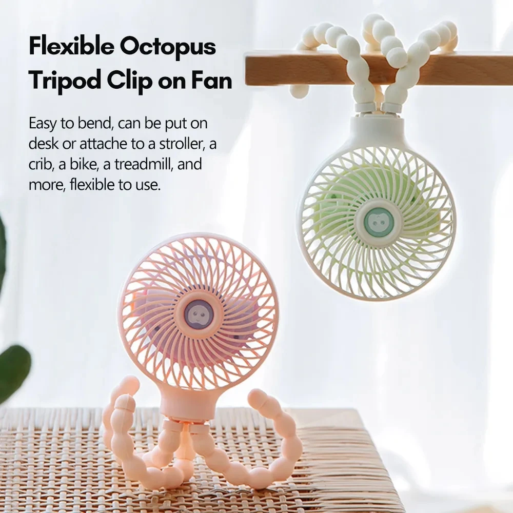 

Handheld Mini Portable Fan Baby Stroller Fan Flexible Octopus Tripod Clip on Fan with 3 Speeds USB Rechargeable Fan Air Cooler
