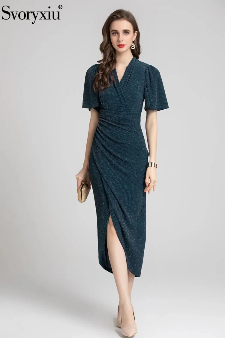 

Svoryxiu 2022 Summer Fashion Designer Minimalist Solid Pencil Midi Dress Women's Short Sleeve High Waist Side Split Party Dress