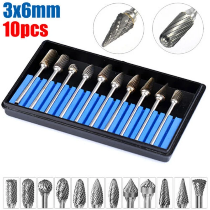 

10pcs/Set 3*6MM Double Text Head Tungsten Carbide Rotary Tool Point Burr Die Grinder Abrasive Tools Drill Milling Carving Bit