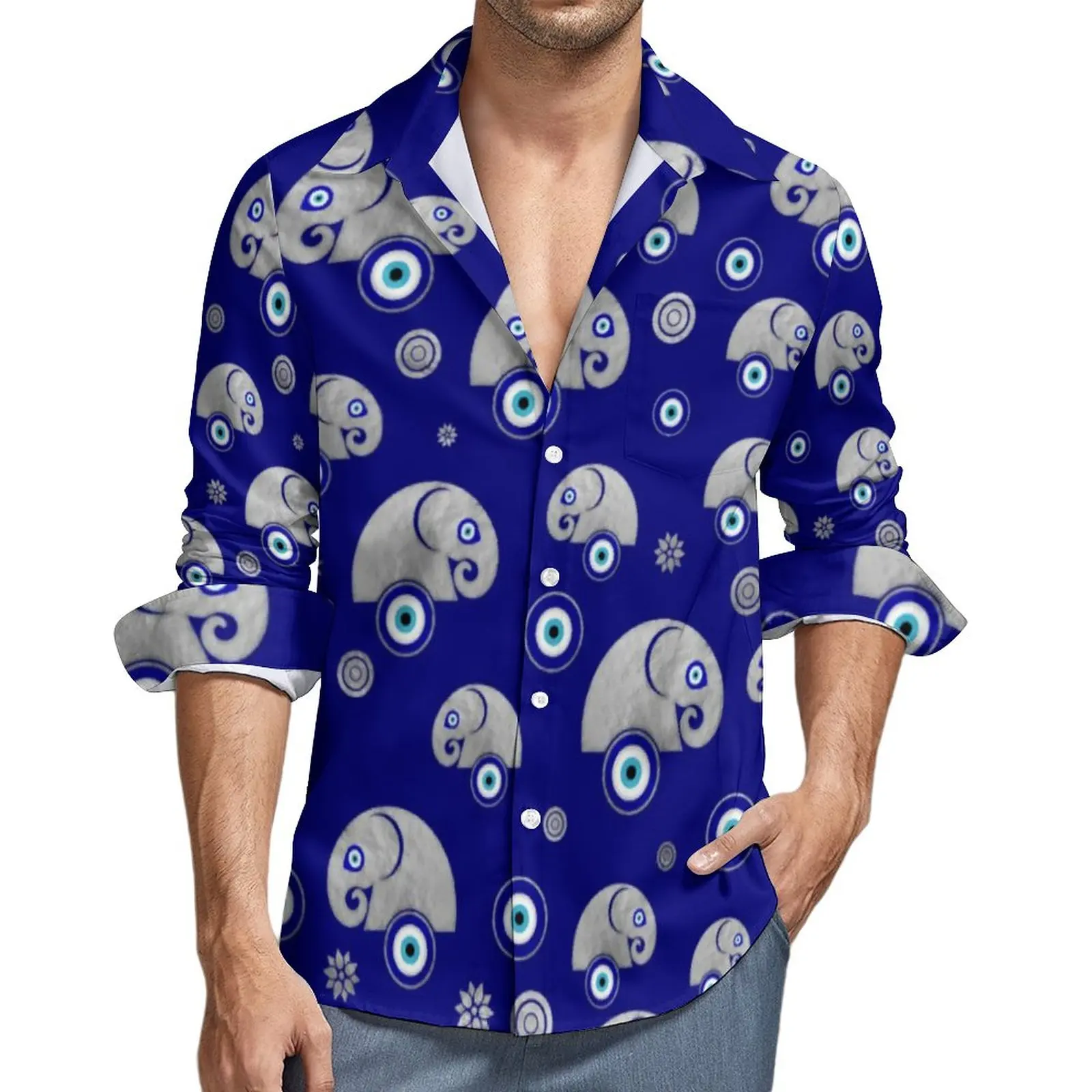 Cute Elephant Shirt Autumn Blue Evil Eye Print Casual Shirts Male Cool Blouses Long Sleeve Custom Street Style Clothes Plus Size
Cute Elephant Shirt Autumn Blue Evil Eye Print Casual Shirts Male Cool Blouses Long Sleeve Custom Street Style Clothes Plus Size