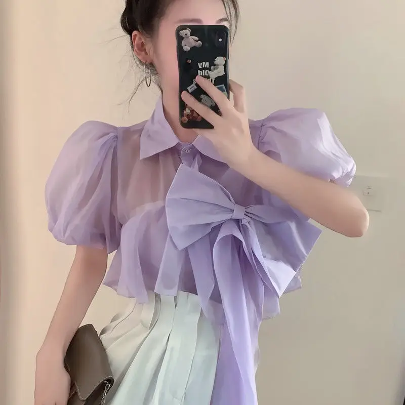 SuperAen Bow Ribbon Blouse Female 2022 New Mesh Sexy Puff Sleeve Turn Down Collar Shirt Womens Tops
SuperAen Bow Ribbon Blouse Female 2022 New Mesh Sexy Puff Sleeve Turn Down Collar Shirt Womens Tops