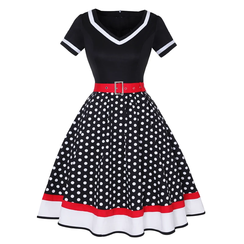 

Summer Women Short Sleeve V Neck Polka Dot Printed Vintage retro 50s 60s Pin up Rockabilly skater swing dress