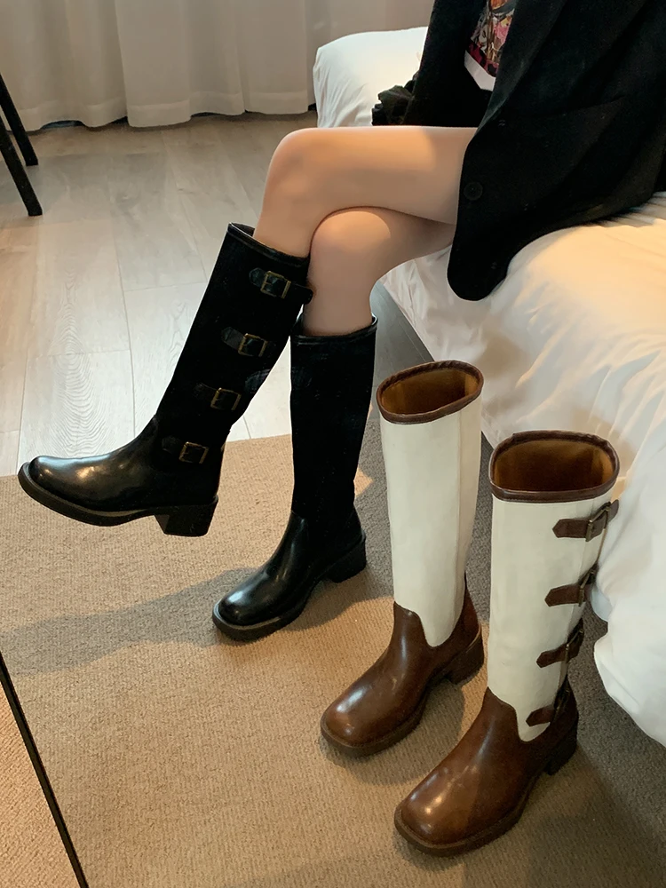 

Женские сапоги, новинка 2023, привлекательная обувь на высоком каблуке, привлекательные Кожаные Сапоги выше колена с круглым носком и резиновой подошвой, ковбойские сапоги