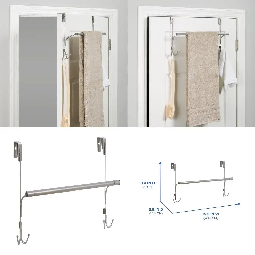 Deluxe Over-the-Door Satin Nickel Towel Bar with 4 Storage Hooks for Easily Organizing and Lightweight Items.
Deluxe Over-the-Door Satin Nickel Towel Bar with 4 Storage Hooks for Easily Organizing and Lightweight Items.