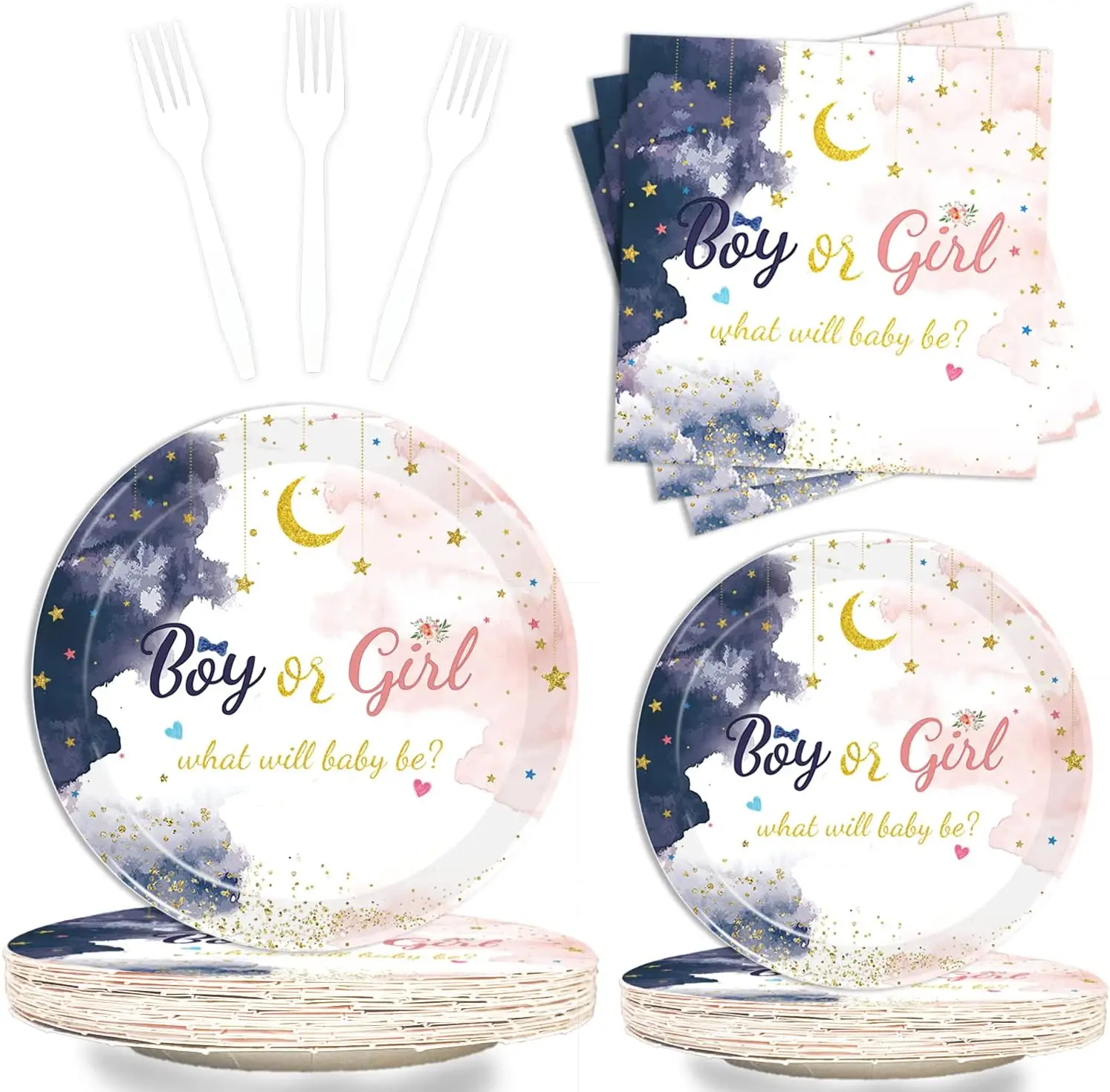 

Gender Reveal Theme Party Supplies Disposable Tableware Set For Serves 24 Boys Girls Paper Plates Napkins Baby Shower Decoration